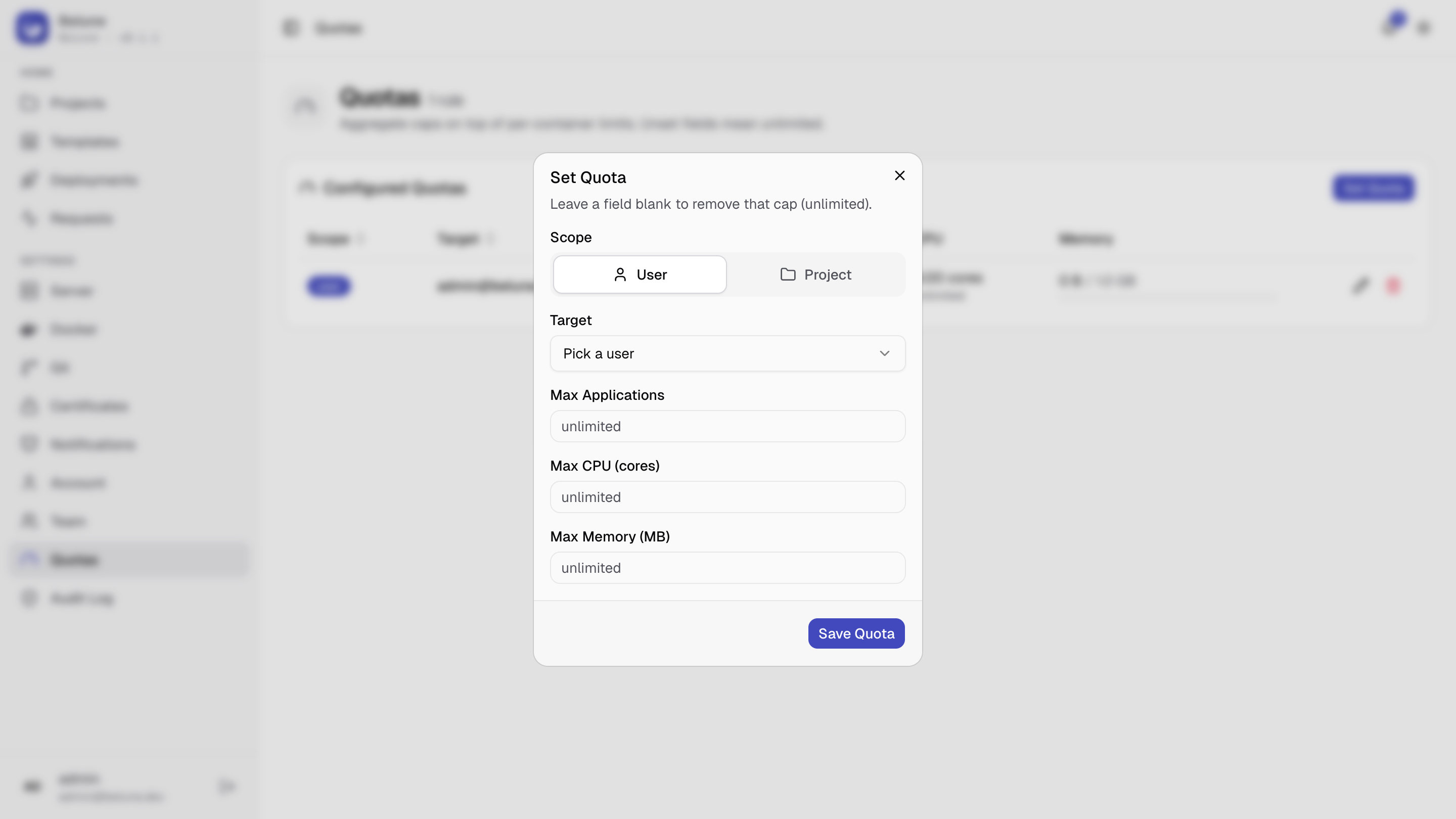 The Set Quotas form dialog.