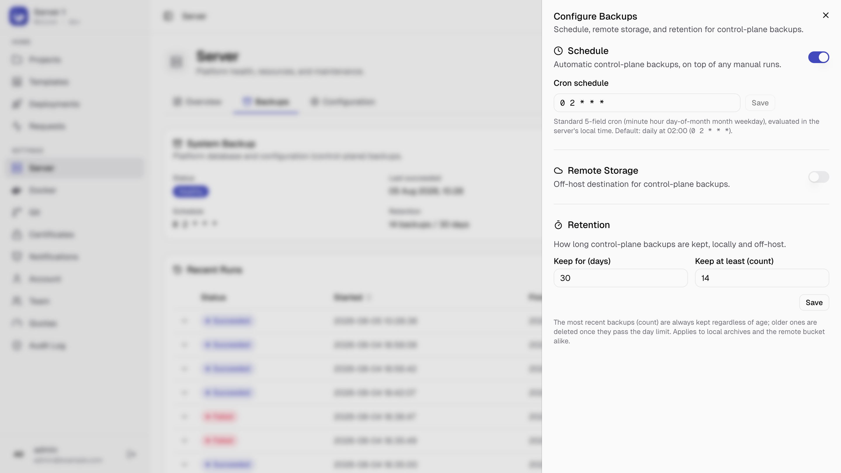 The Configure Backups panel: schedule, remote storage, and retention sections.