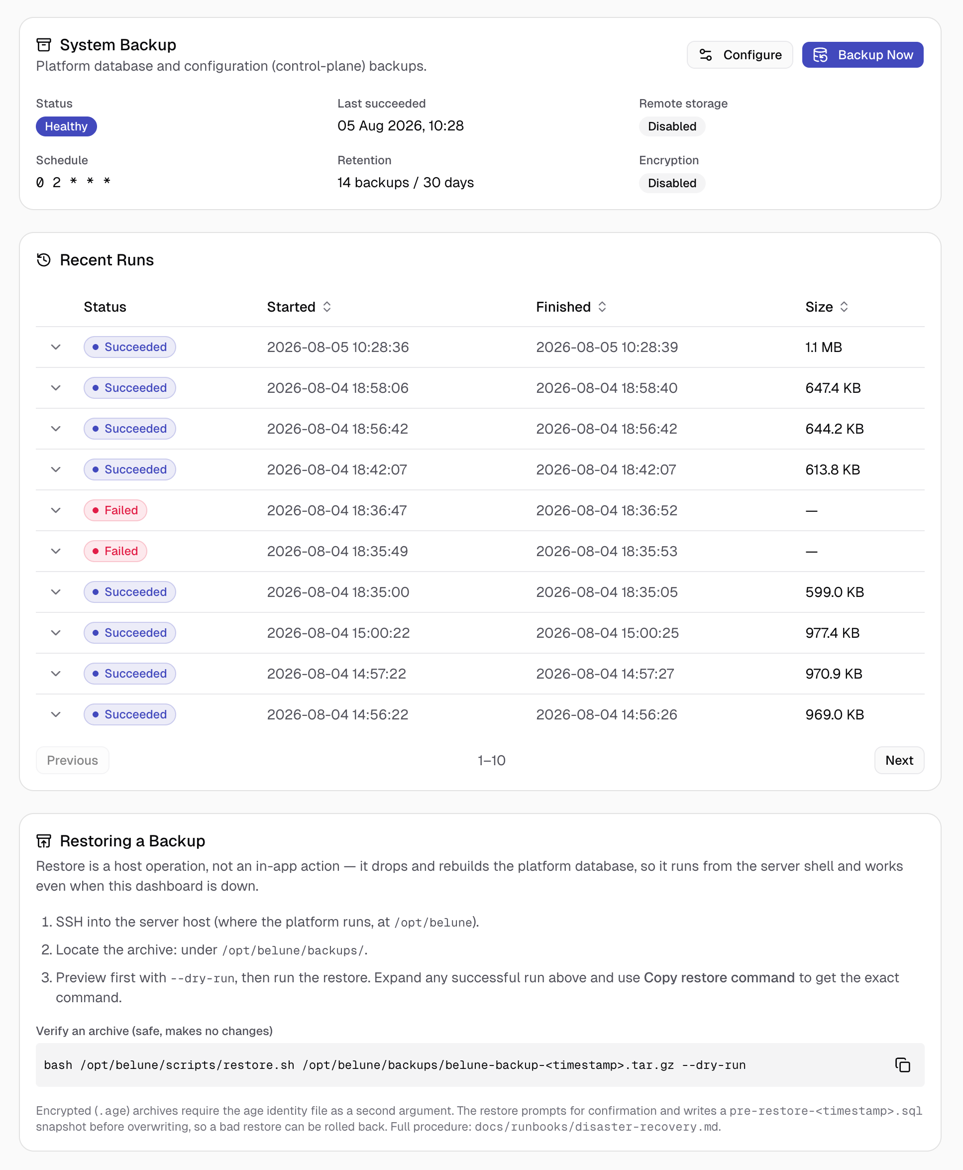 The Server Backups tab: the system backup status summary, Run Backup Now and Configure, and recent runs.