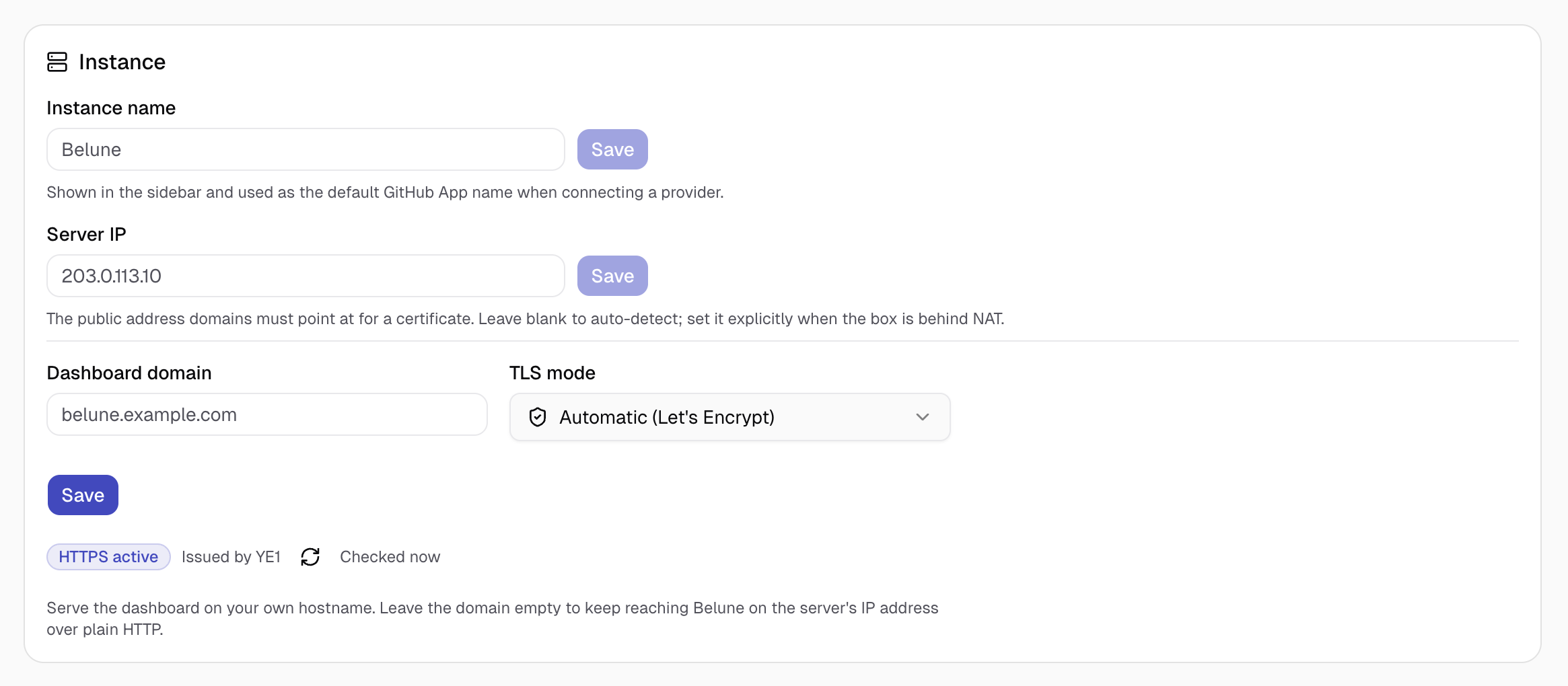 The Server configuration tab: instance name, server IP, and dashboard domain/TLS.
