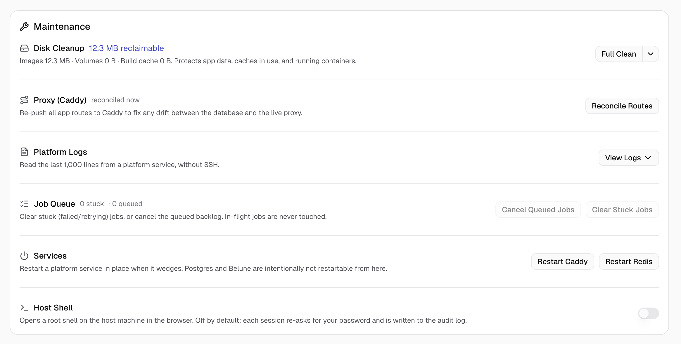 The Maintenance card: disk cleanup, proxy, logs, job queue, services, and host shell.