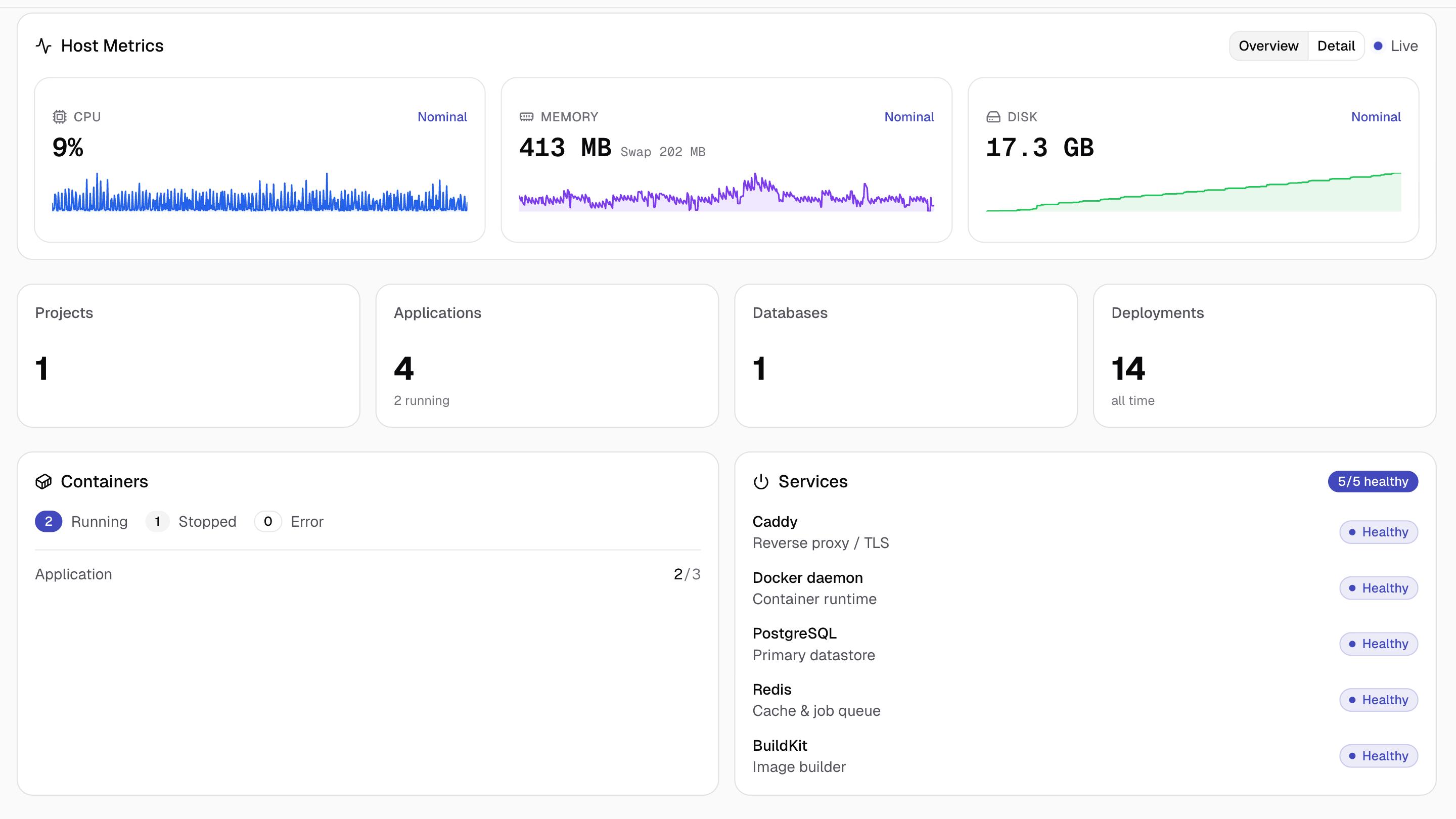The Server Overview tab: host metrics, platform totals, containers, and services.