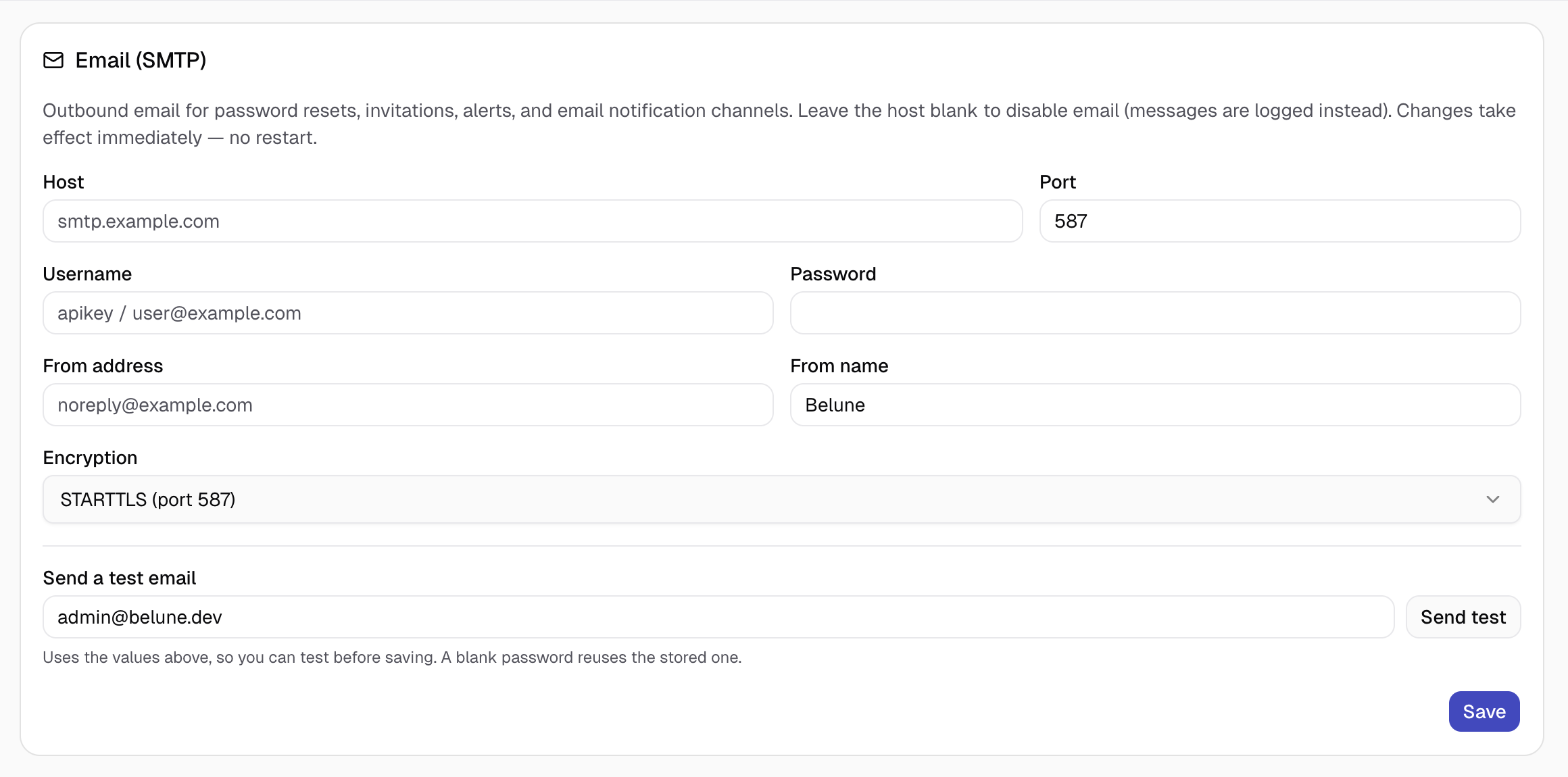 The Email (SMTP) configuration card.