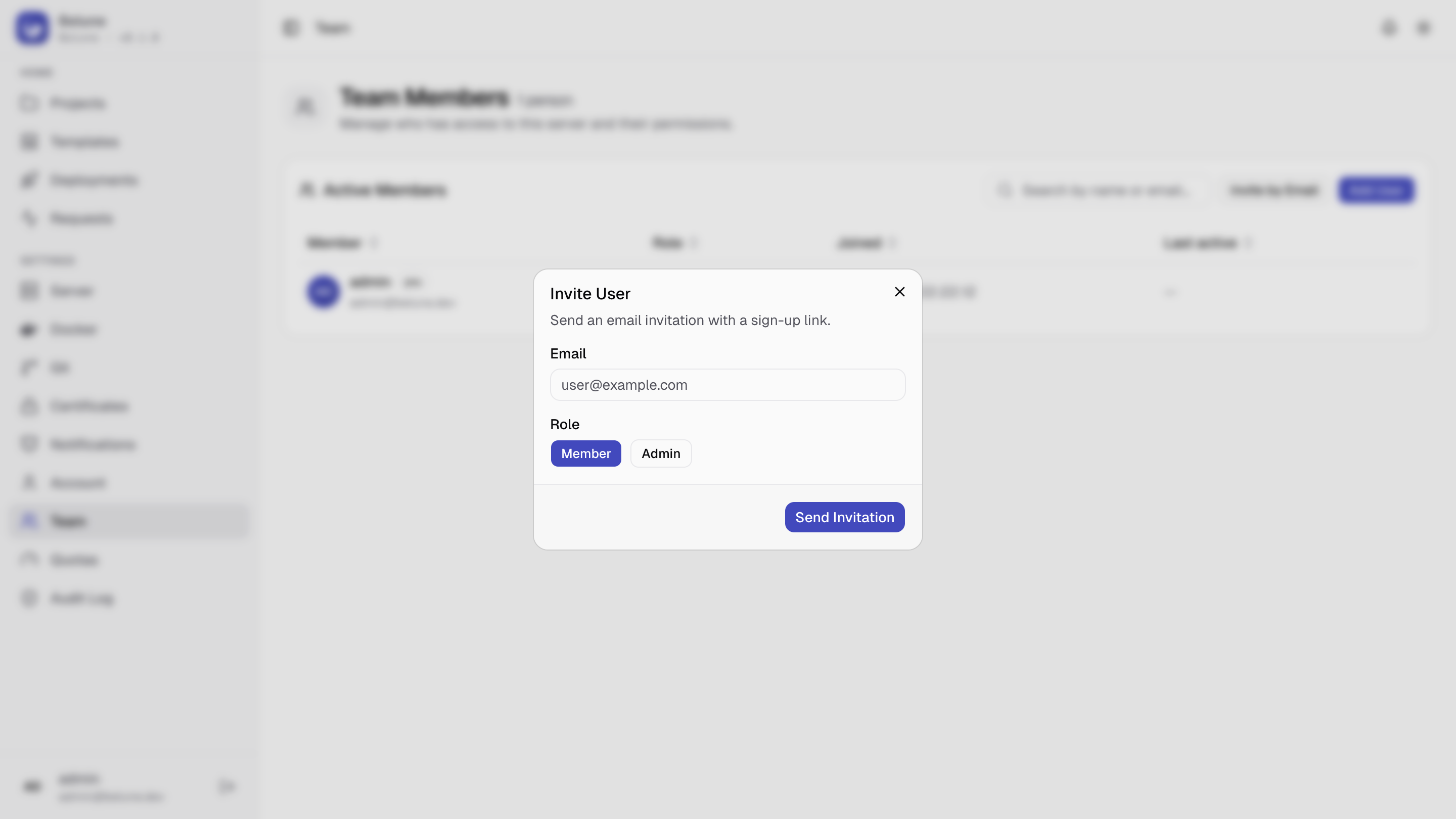 Inviting a teammate by email from the Team page.