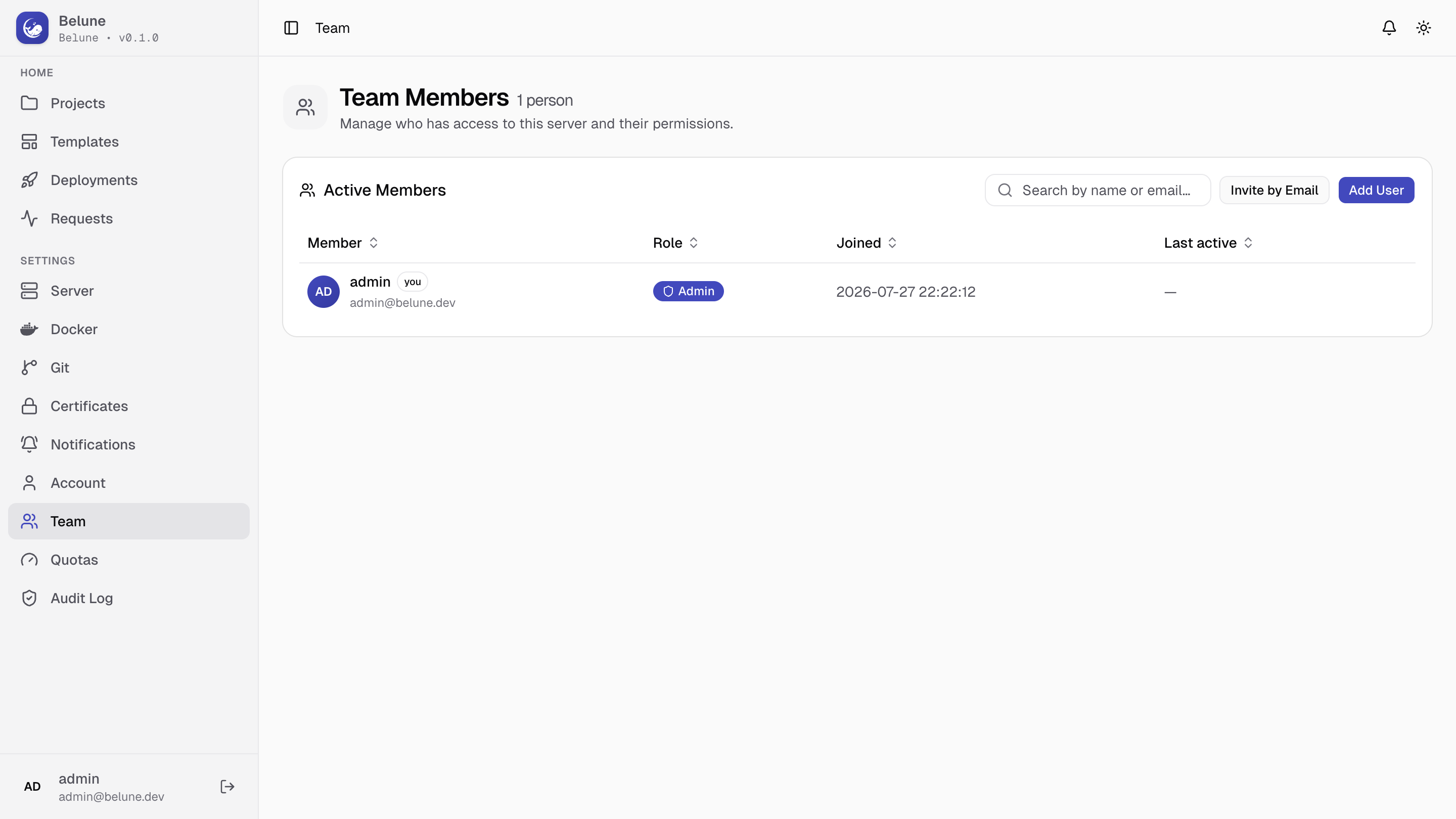 The Team page listing users and their roles.